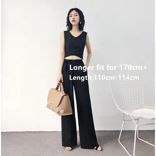 170-175cm Spring Autumn Wide Leg Pants Women Elastic Waist Pants Elegant Office Ladies Khaki Trousers Plus Length Purple Gray