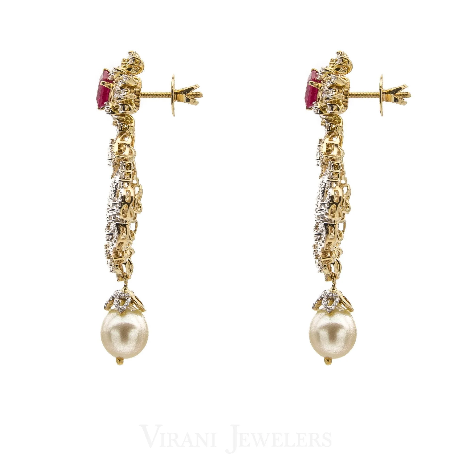 18K Yellow Gold Diamond Bridal Necklace & Earrings Set W/ 8.17ct Diamonds, Rubies & Pearls