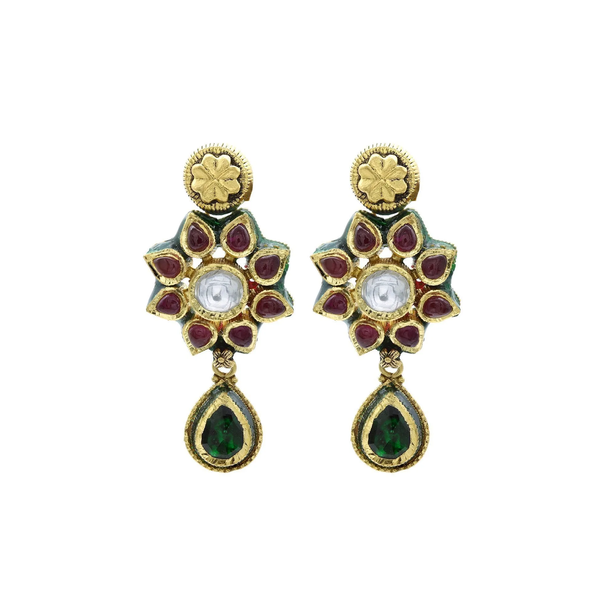 22K Gold Ruby Emerald Kundan Floral Necklace & Earrings Set
