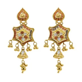22K Multi Tone Gold Earrings W/ Meenakari Details & Beaded Filigree on Drop Web Pendants