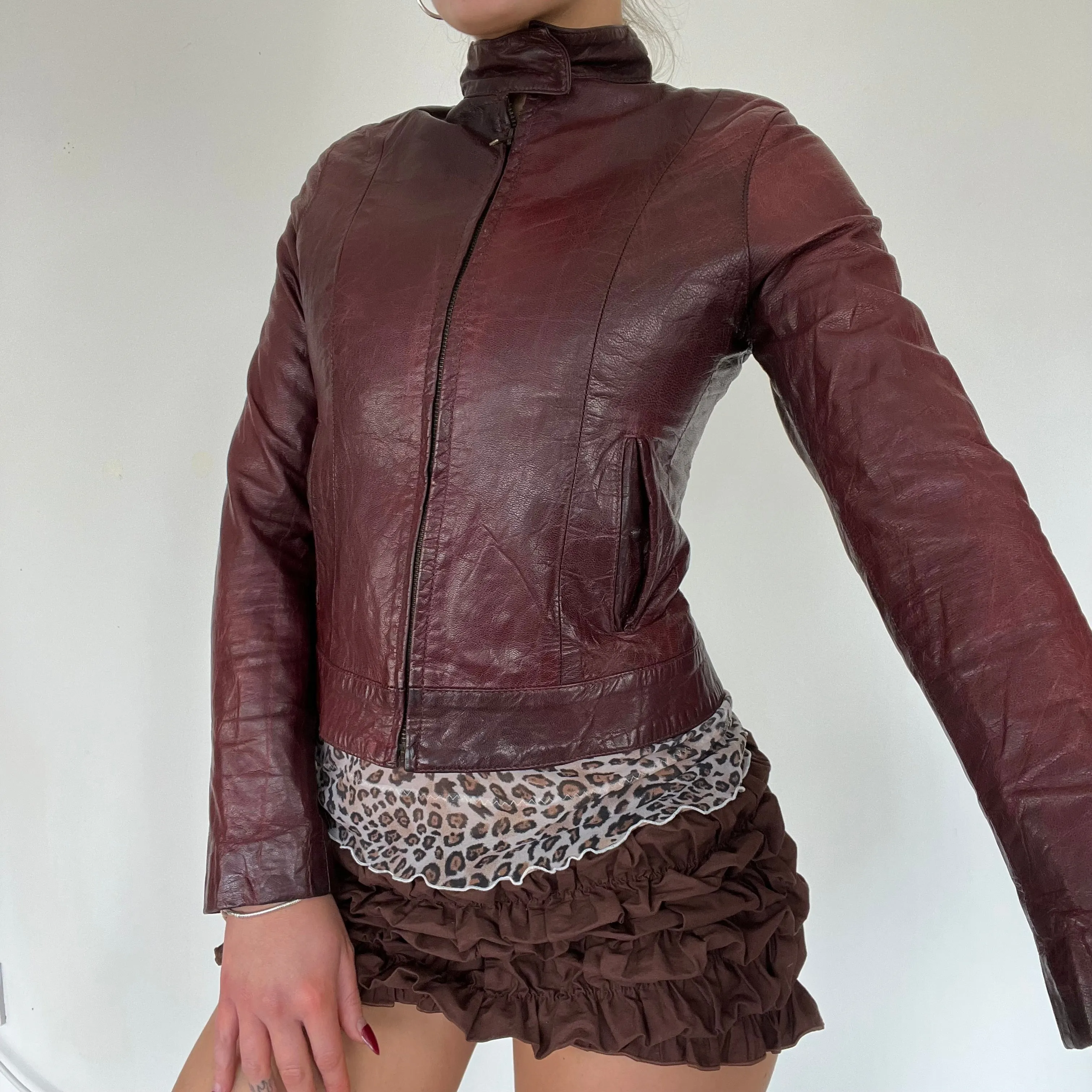 90s burgundy real leather jacket - Size S