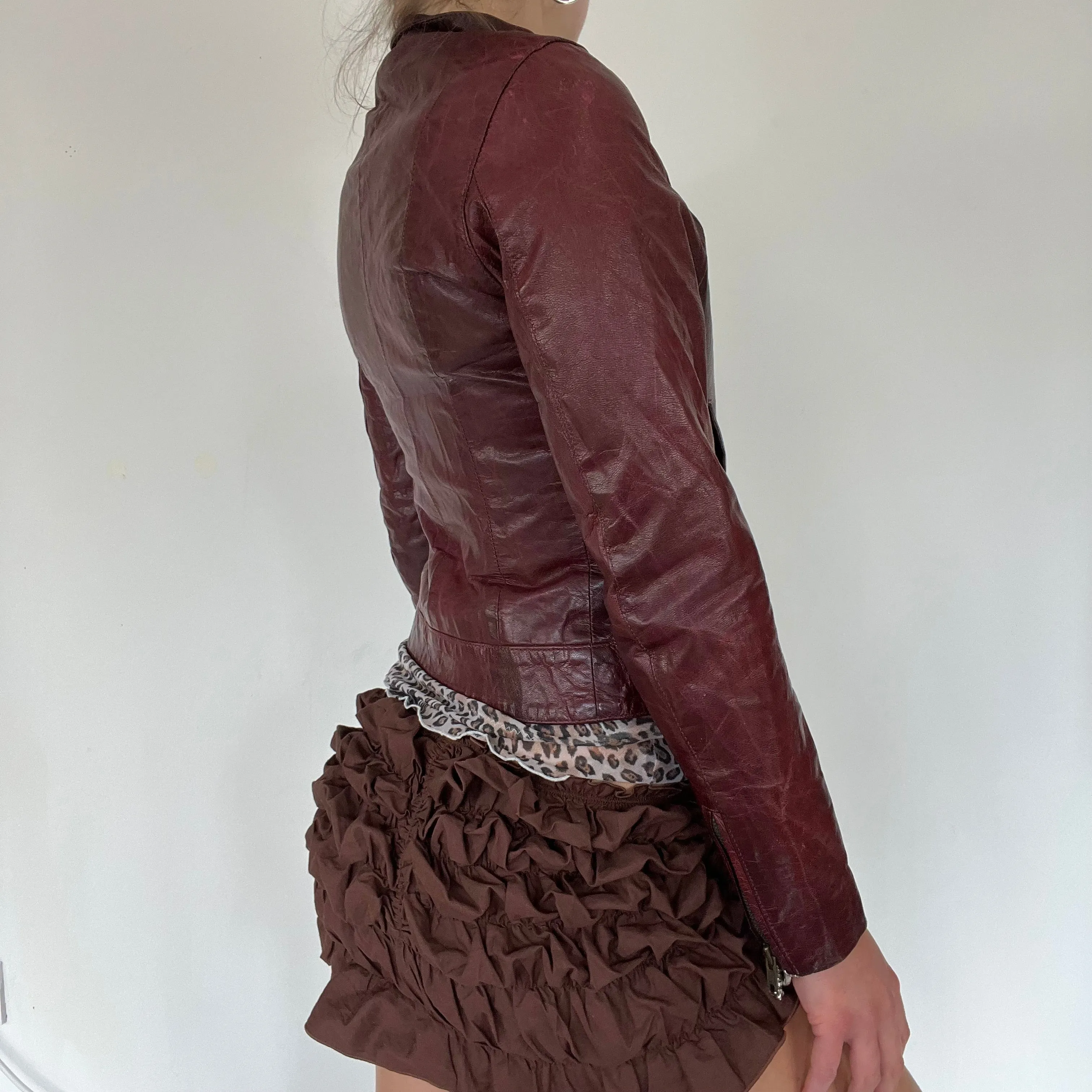 90s burgundy real leather jacket - Size S