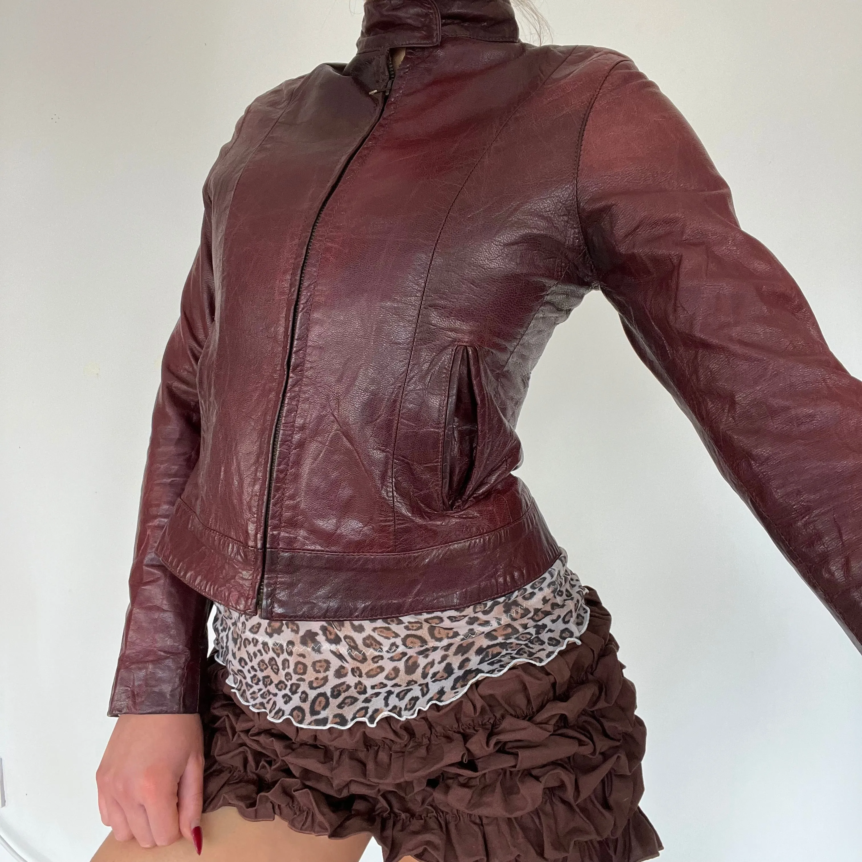 90s burgundy real leather jacket - Size S