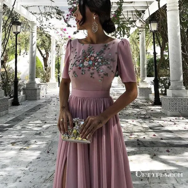 A-Line Bateau Short Sleeves Dusty Pink Long Prom Dresses with Beading&Rhinestones, TYP1628