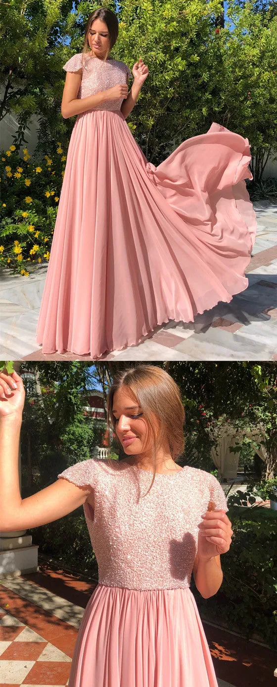 A-line Floor-length Backless Beading Long Prom Dresses, PD0674