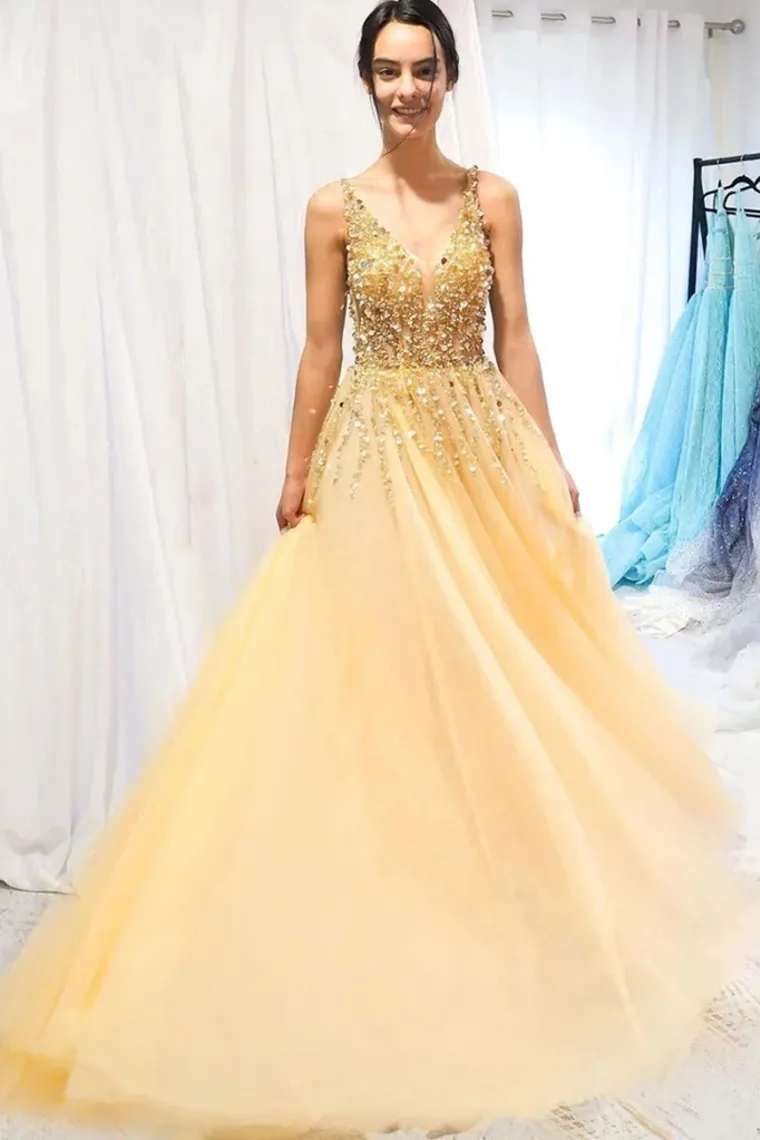 A Line Floor Length Tulle Prom Dress With Sequins Cheap V Neck Long Formal SJSP1NJG7JC