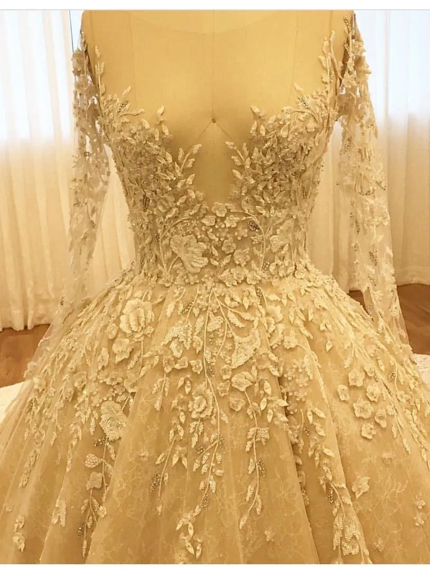 A-line Illusion Cathedral Train Tulle Appliqued Beaded Long Elegant Wedding Dresses 2819