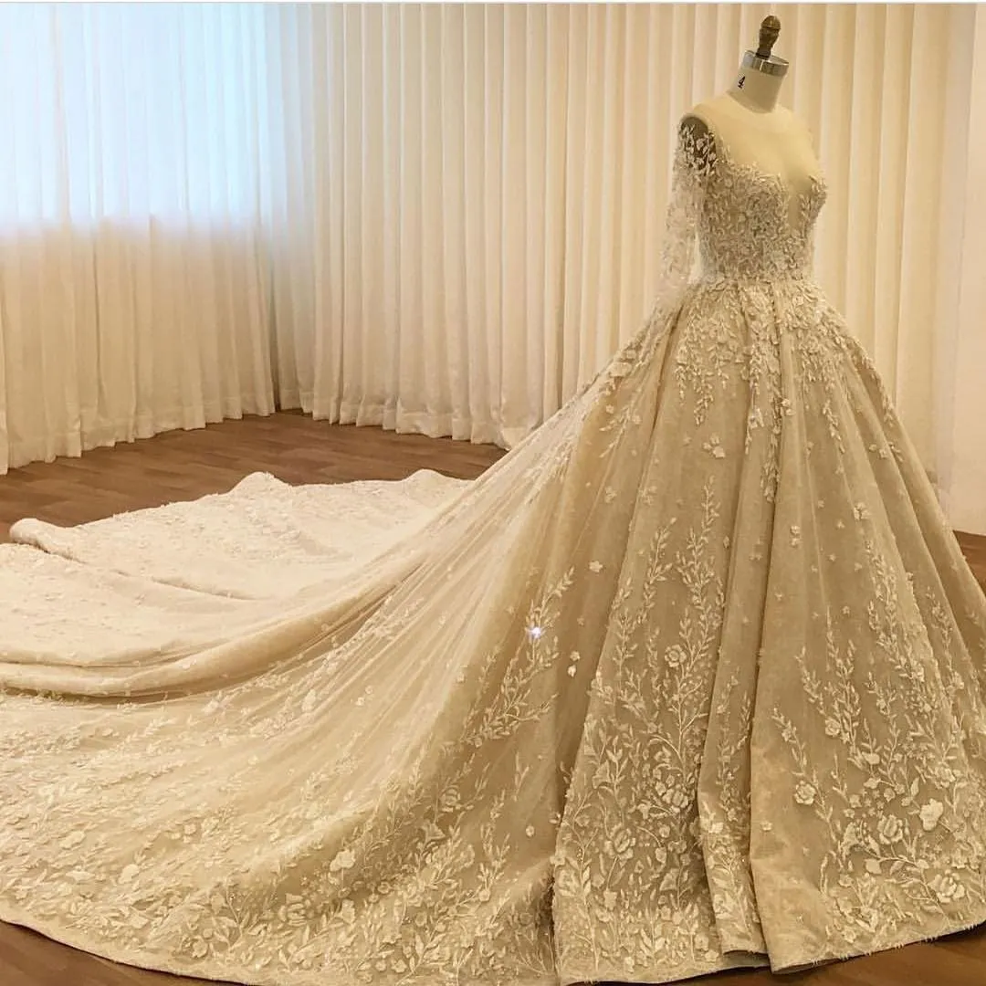 A-line Illusion Cathedral Train Tulle Appliqued Beaded Long Elegant Wedding Dresses 2819