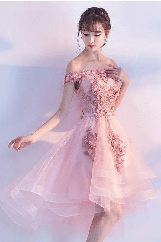 A-line Off-Shoulder High-Low Tulle Appliqued Pink Wedding Guest Dresses APD26912