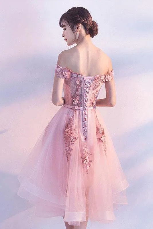 A-line Off-Shoulder High-Low Tulle Appliqued Pink Wedding Guest Dresses APD26912