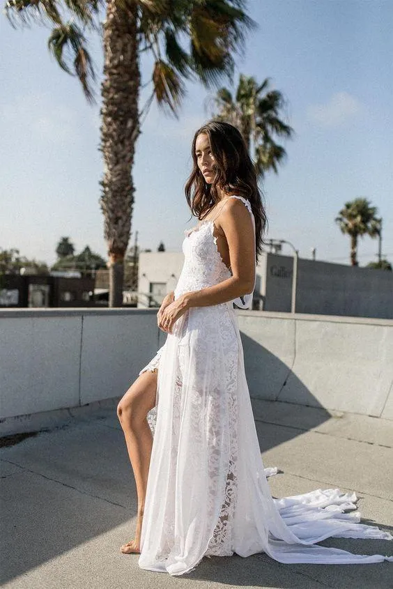 A-line Spaghetti Strap White Lace Chiffon Backless Wedding Bridal Dresses, WD0417