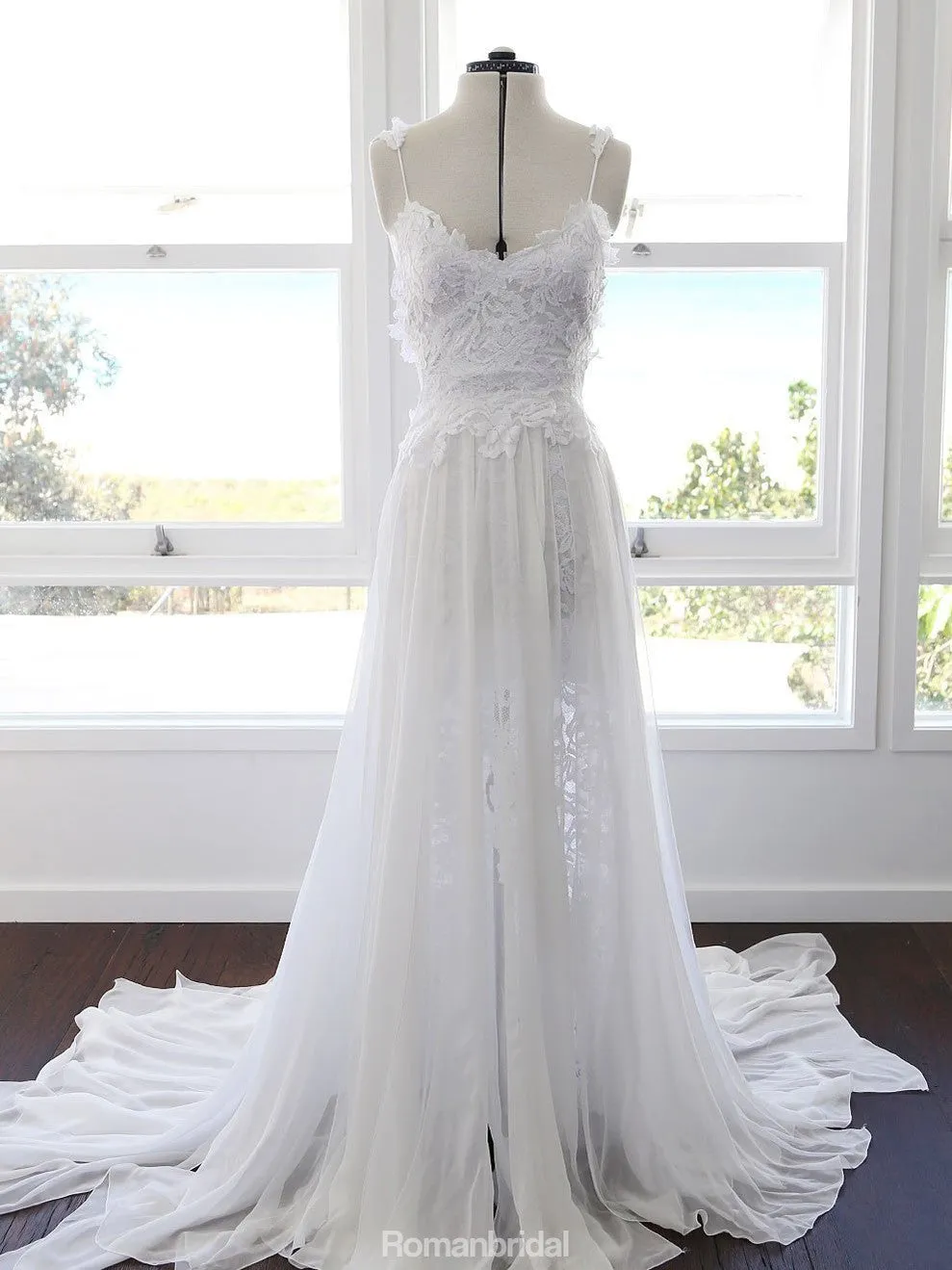 A-line Spaghetti Strap White Lace Chiffon Backless Wedding Bridal Dresses, WD0417