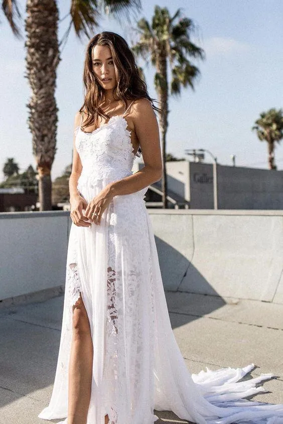 A-line Spaghetti Strap White Lace Chiffon Backless Wedding Bridal Dresses, WD0417