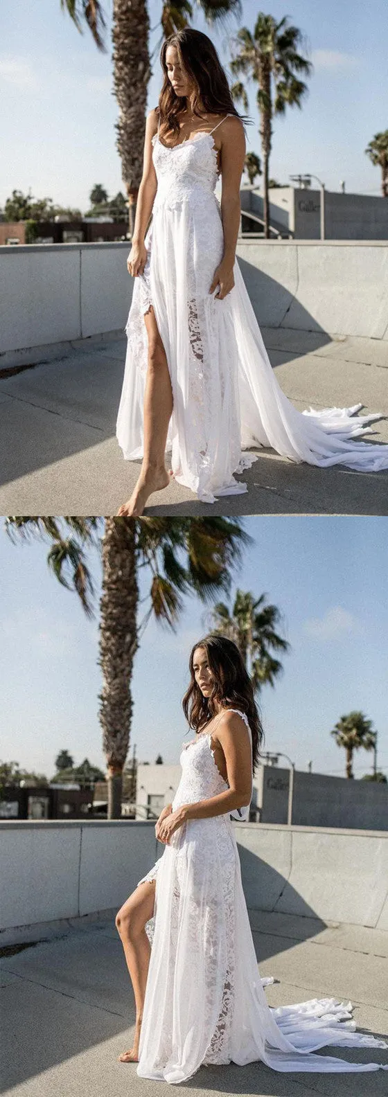 A-line Spaghetti Strap White Lace Chiffon Backless Wedding Bridal Dresses, WD0417
