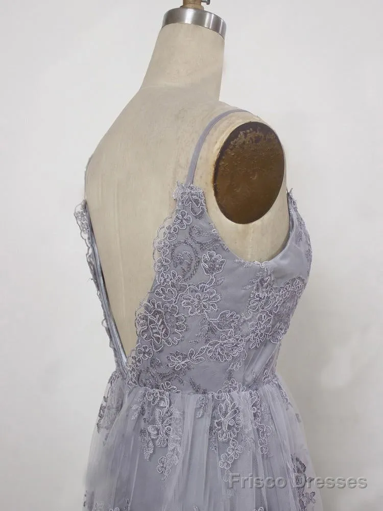 A Line Spaghetti Straps Backless Gray Lace Prom Dresses, Gray Backless Formal Dresses, Backless Lace Evening Dresses