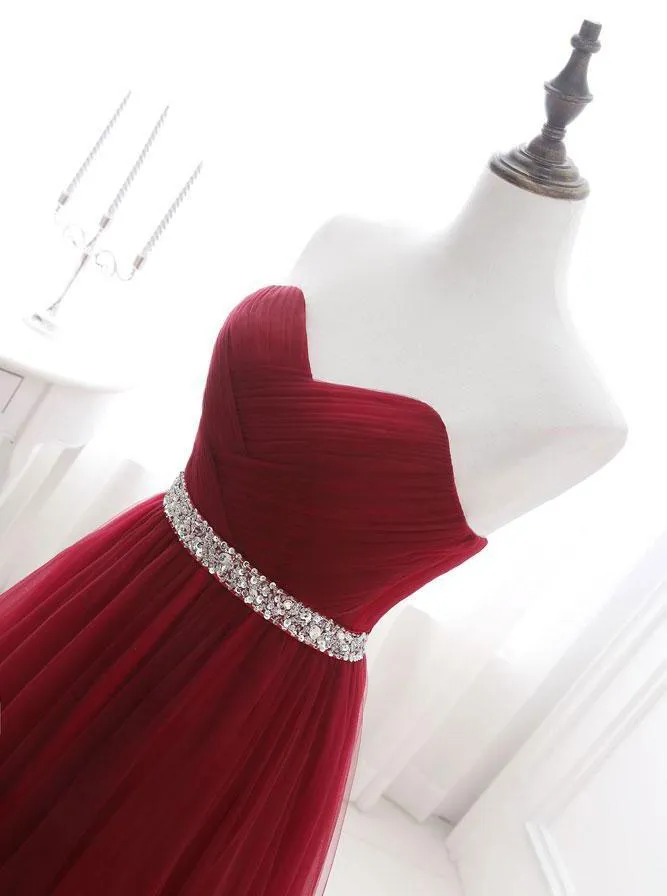 A-line Sweetheart Sweep Train Tulle Rhinestone Prom Dresses 3017