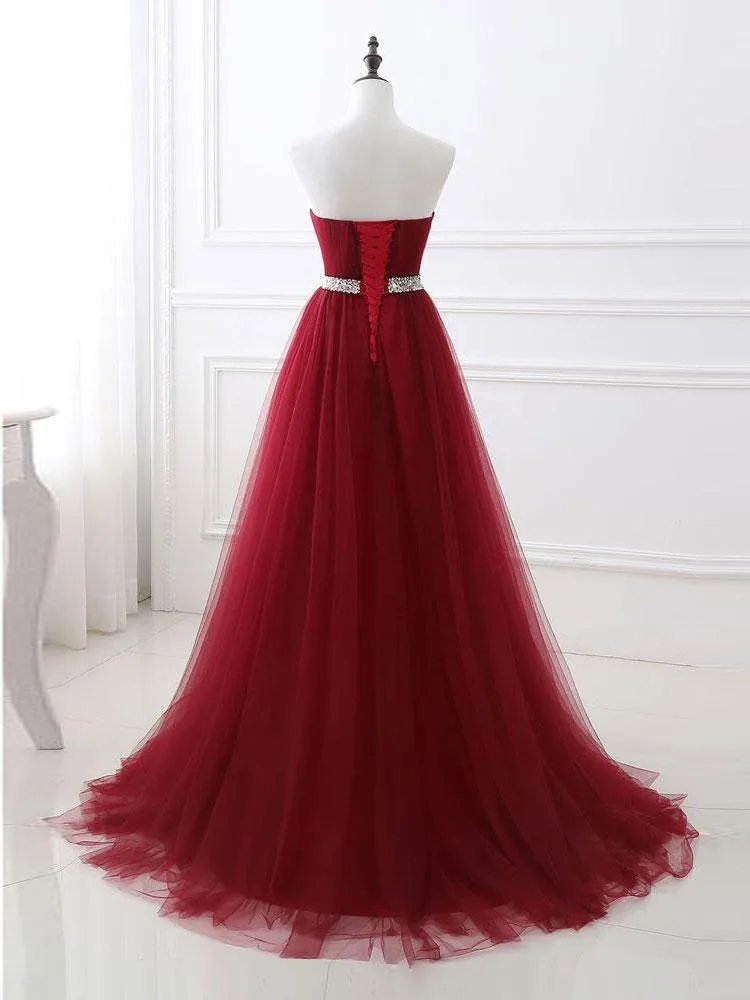 A-line Sweetheart Sweep Train Tulle Rhinestone Prom Dresses 3017