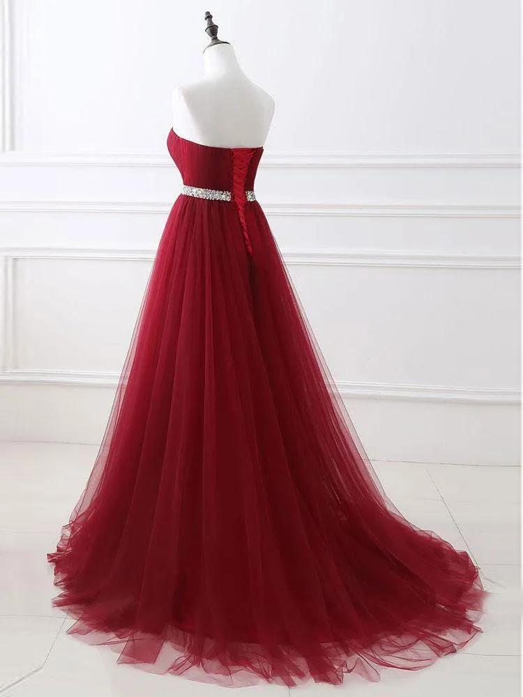 A-line Sweetheart Sweep Train Tulle Rhinestone Prom Dresses 3017