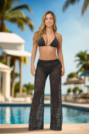 Black Blonda Glitter Beaded Luxury Designer Swimsuit Cover-Up Beach Resort Pants