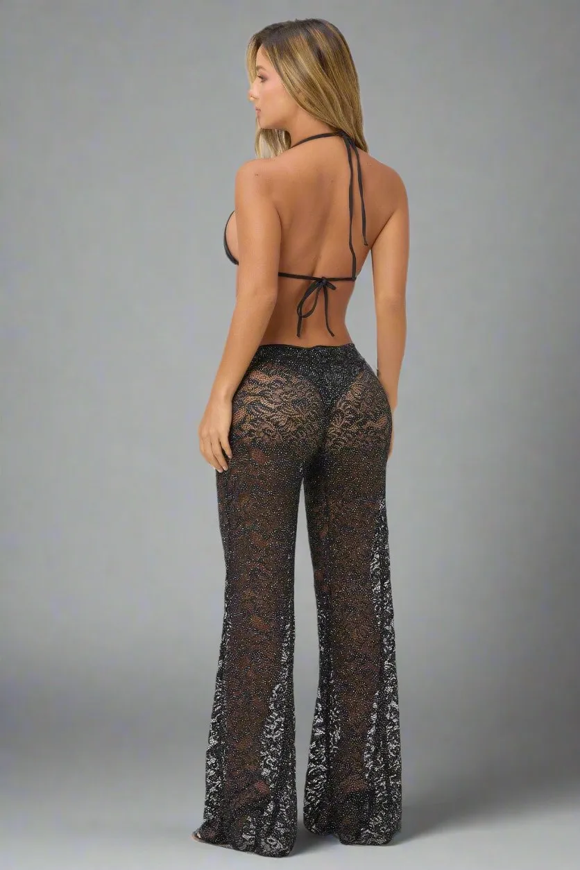 Black Blonda Glitter Beaded Luxury Designer Swimsuit Cover-Up Beach Resort Pants