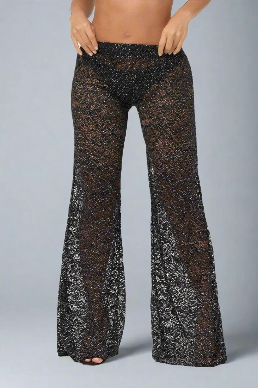 Black Blonda Glitter Beaded Luxury Designer Swimsuit Cover-Up Beach Resort Pants