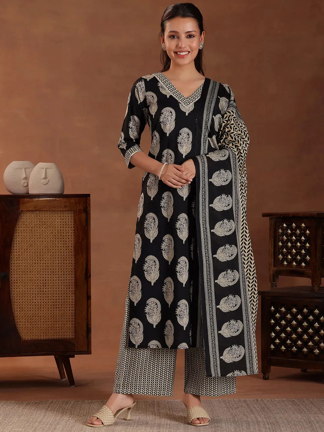 Black Printed Cotton Straight Suit With Dupatta