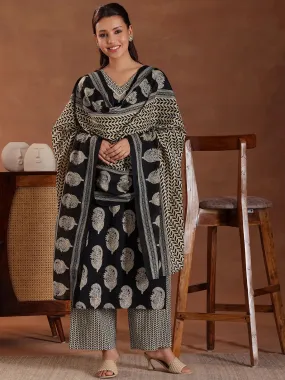 Black Printed Cotton Straight Suit With Dupatta