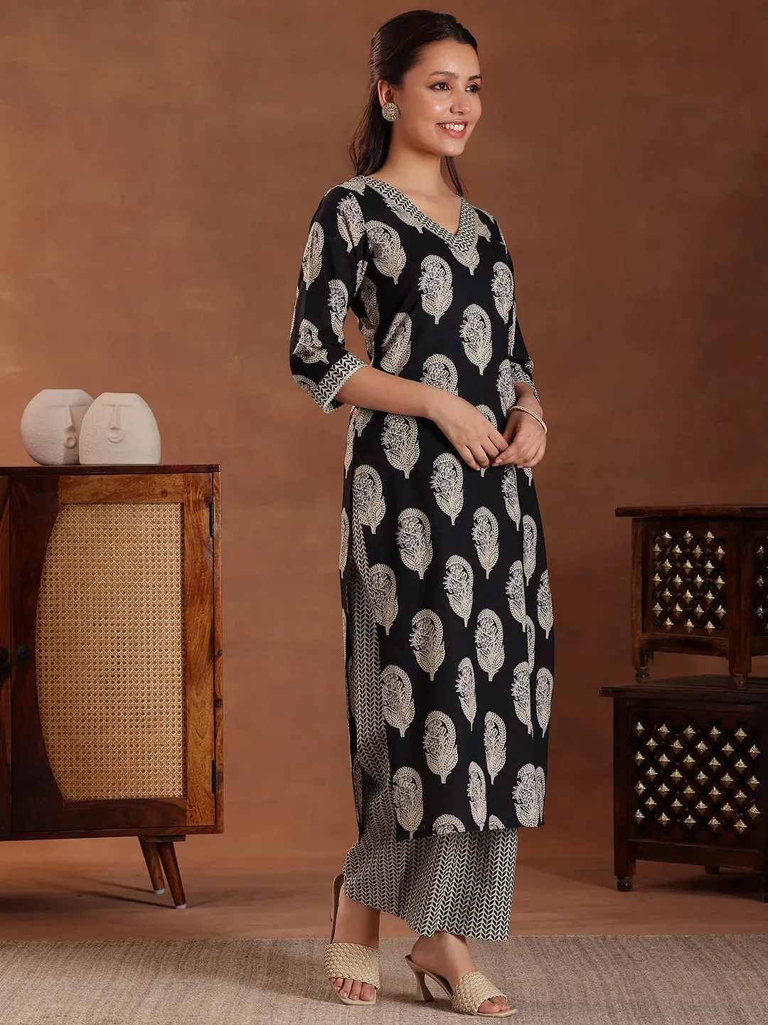 Black Printed Cotton Straight Suit With Dupatta