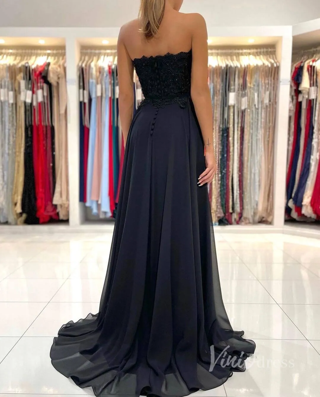Black Strapless Prom Dress High Slit Chiffon Evening Dress FD2844