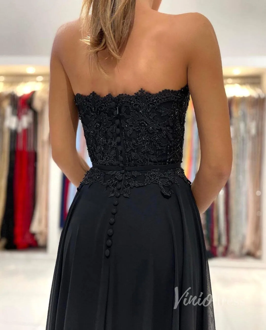 Black Strapless Prom Dress High Slit Chiffon Evening Dress FD2844
