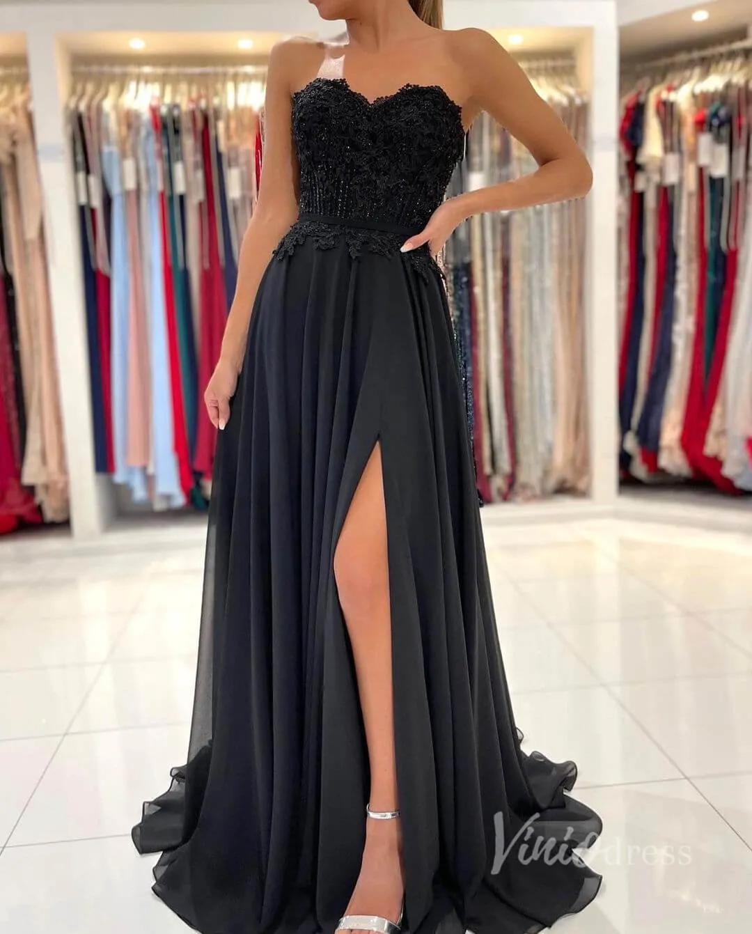 Black Strapless Prom Dress High Slit Chiffon Evening Dress FD2844
