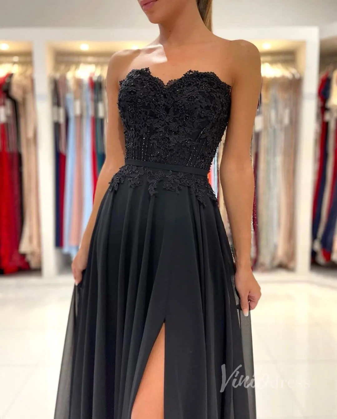 Black Strapless Prom Dress High Slit Chiffon Evening Dress FD2844