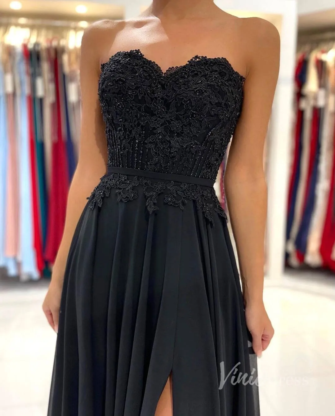 Black Strapless Prom Dress High Slit Chiffon Evening Dress FD2844