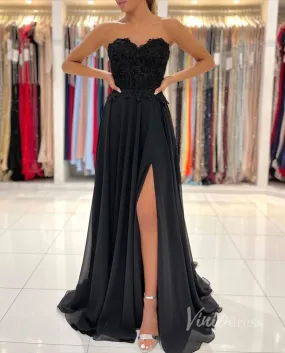 Black Strapless Prom Dress High Slit Chiffon Evening Dress FD2844