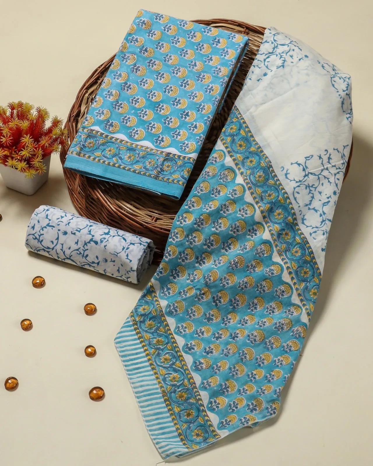 Blue Buti Print Cotton Suit Set with Mulmul Dupatta (COT50)
