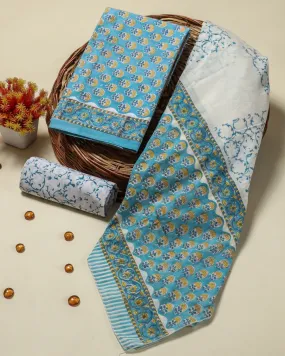 Blue Buti Print Cotton Suit Set with Mulmul Dupatta (COT50)