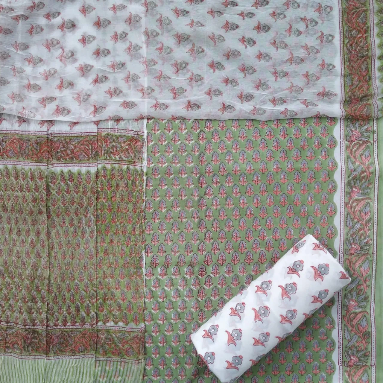 Buti Print Cotton Suit Set with Chiffon Dupatta (PCHF497)
