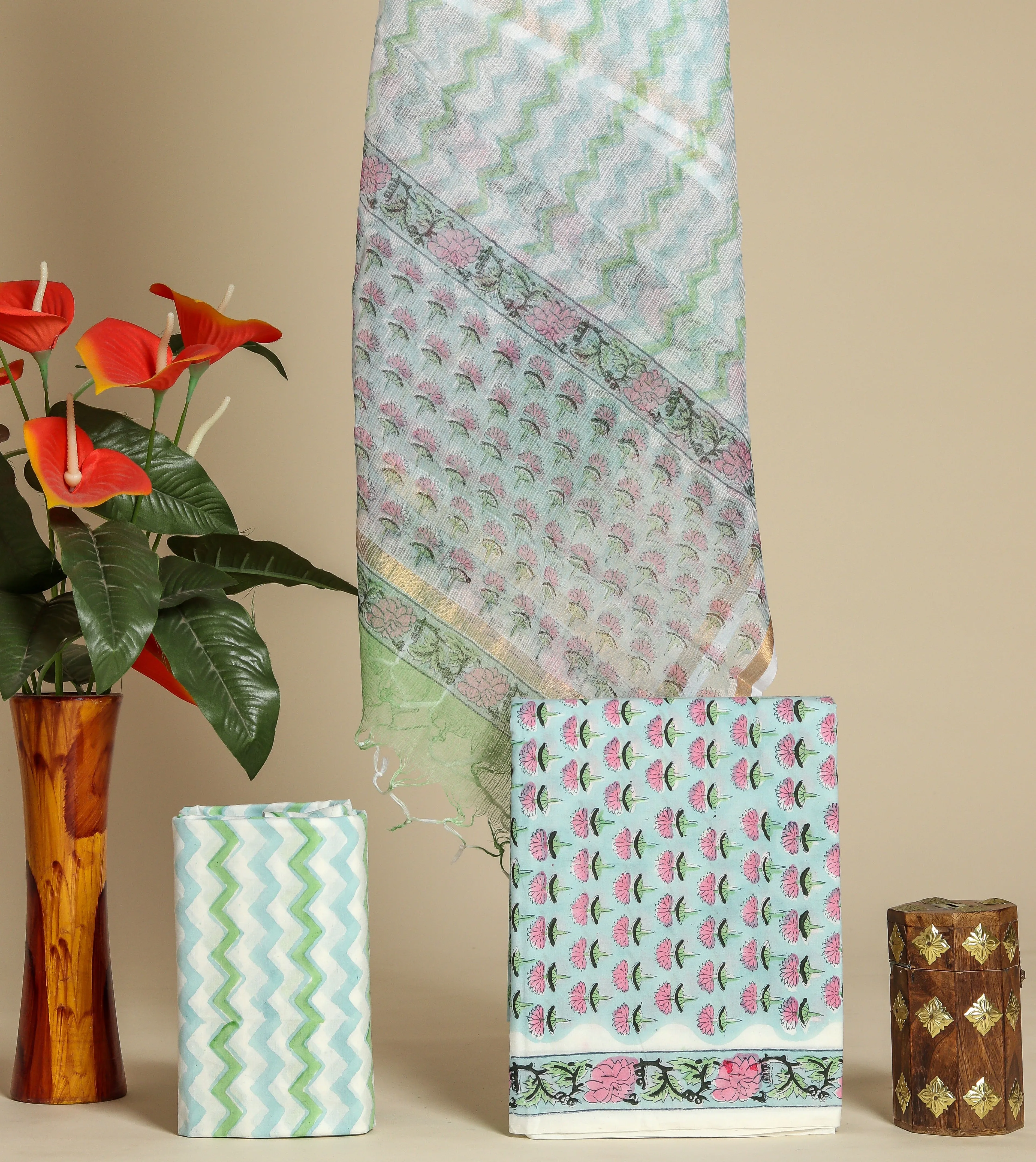 Buti Print Cotton Suit Set with Kota Doria Dupatta (3CKD682)