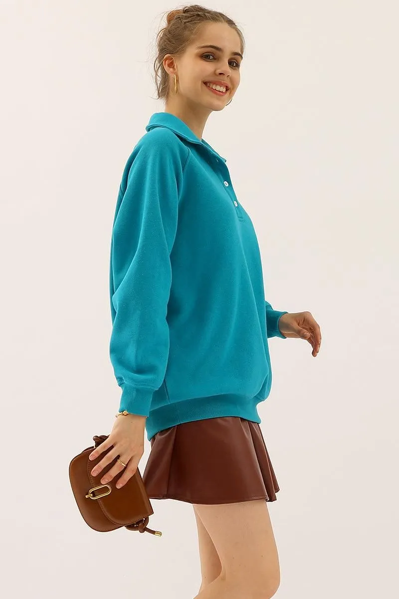 BUTTON COLLAR RAGLAN LONG SLEEVE CASUAL SWEATSHIRT