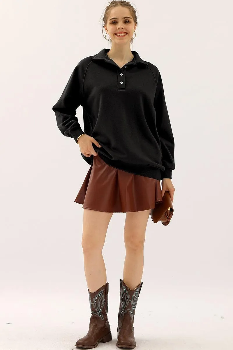 BUTTON COLLAR RAGLAN LONG SLEEVE CASUAL SWEATSHIRT