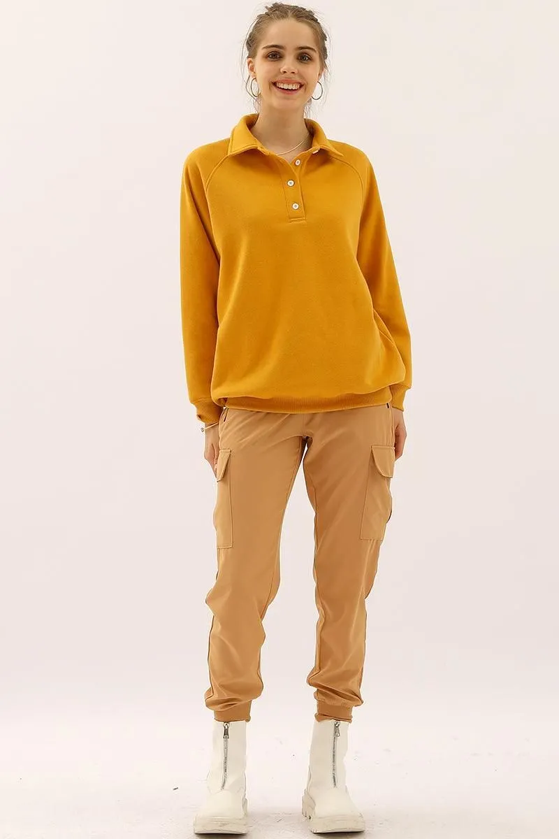 BUTTON COLLAR RAGLAN LONG SLEEVE CASUAL SWEATSHIRT
