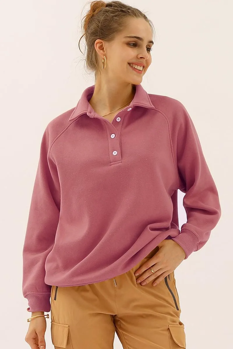 BUTTON COLLAR RAGLAN LONG SLEEVE CASUAL SWEATSHIRT