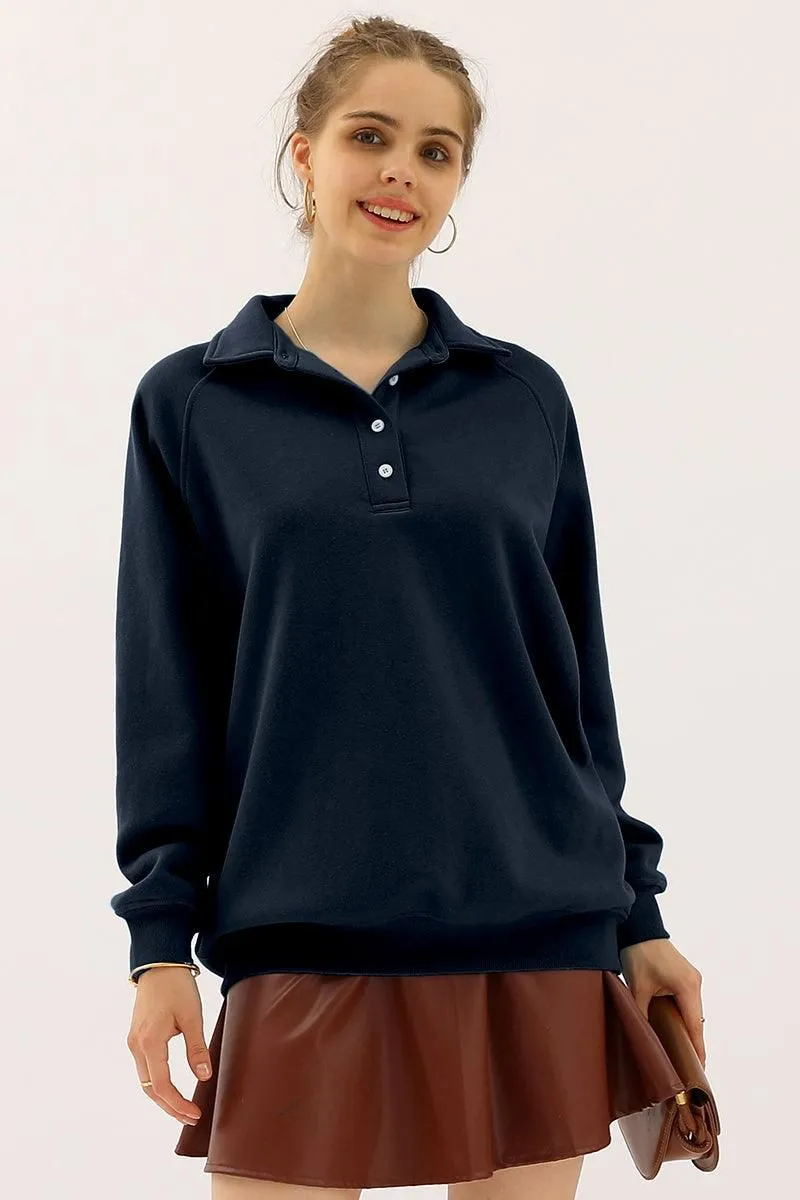 BUTTON COLLAR RAGLAN LONG SLEEVE CASUAL SWEATSHIRT