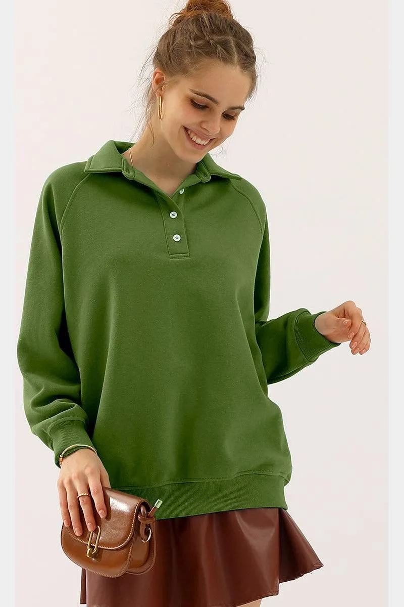 BUTTON COLLAR RAGLAN LONG SLEEVE CASUAL SWEATSHIRT