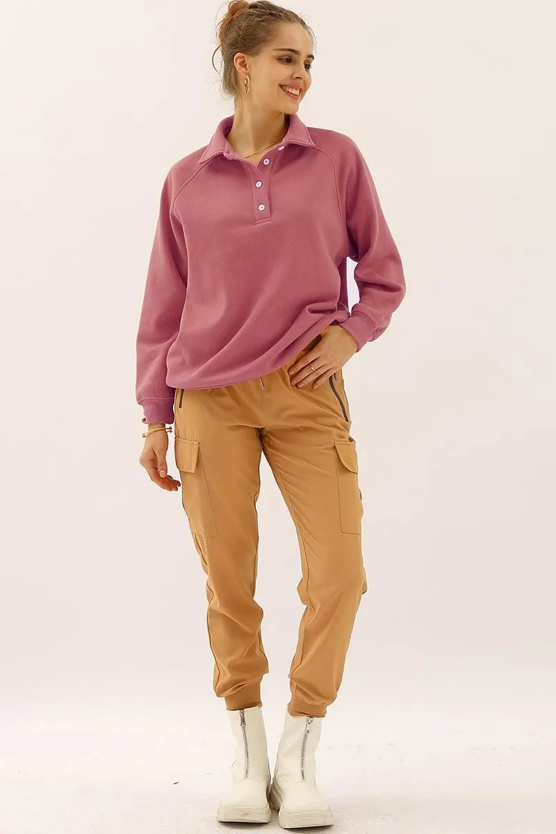 BUTTON COLLAR RAGLAN LONG SLEEVE CASUAL SWEATSHIRT