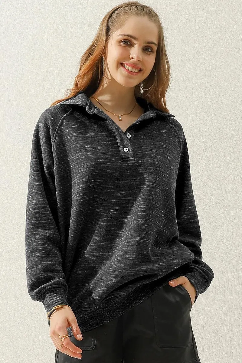BUTTON COLLAR RAGLAN LONG SLEEVE CASUAL SWEATSHIRT