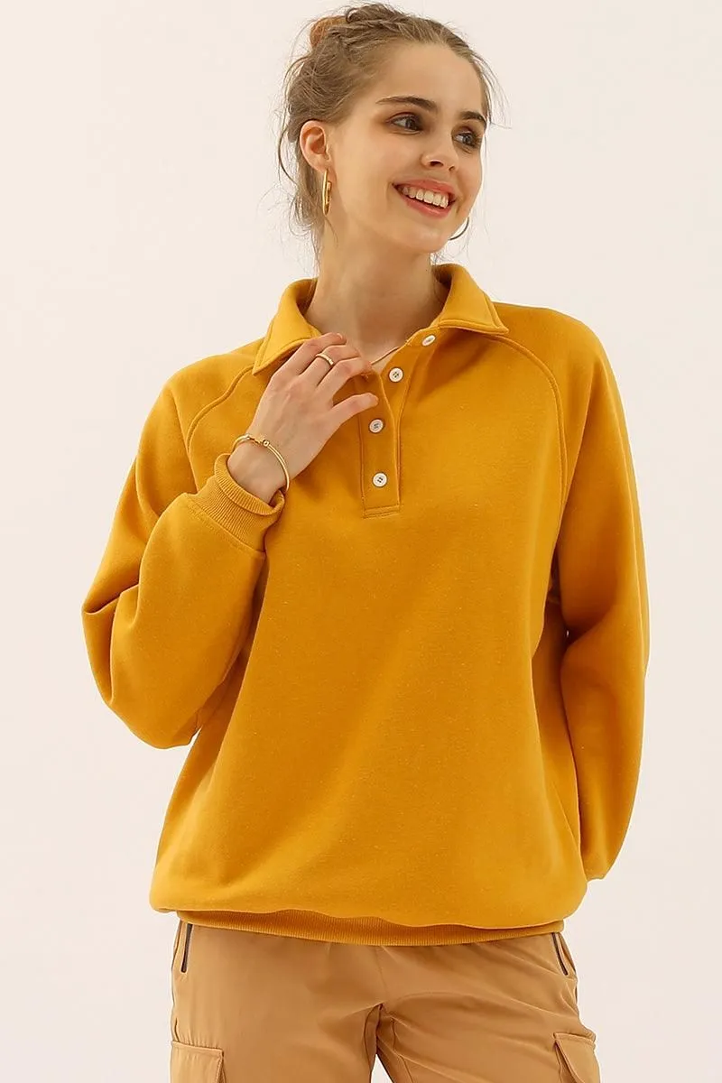 BUTTON COLLAR RAGLAN LONG SLEEVE CASUAL SWEATSHIRT