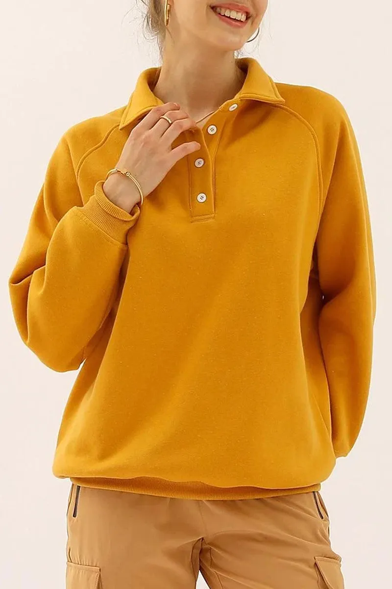 BUTTON COLLAR RAGLAN LONG SLEEVE CASUAL SWEATSHIRT