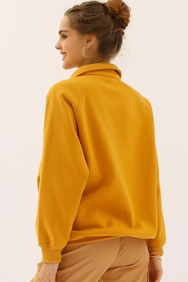 BUTTON COLLAR RAGLAN LONG SLEEVE CASUAL SWEATSHIRT