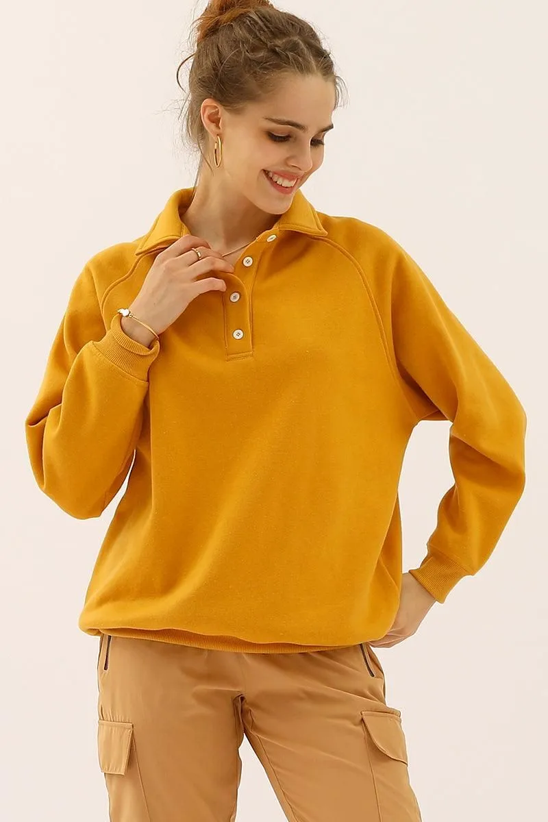 BUTTON COLLAR RAGLAN LONG SLEEVE CASUAL SWEATSHIRT
